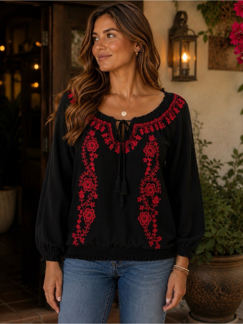 INC Black Embroidered Boho Blouse | Red Floral Detail | Size L | Elevated Casual